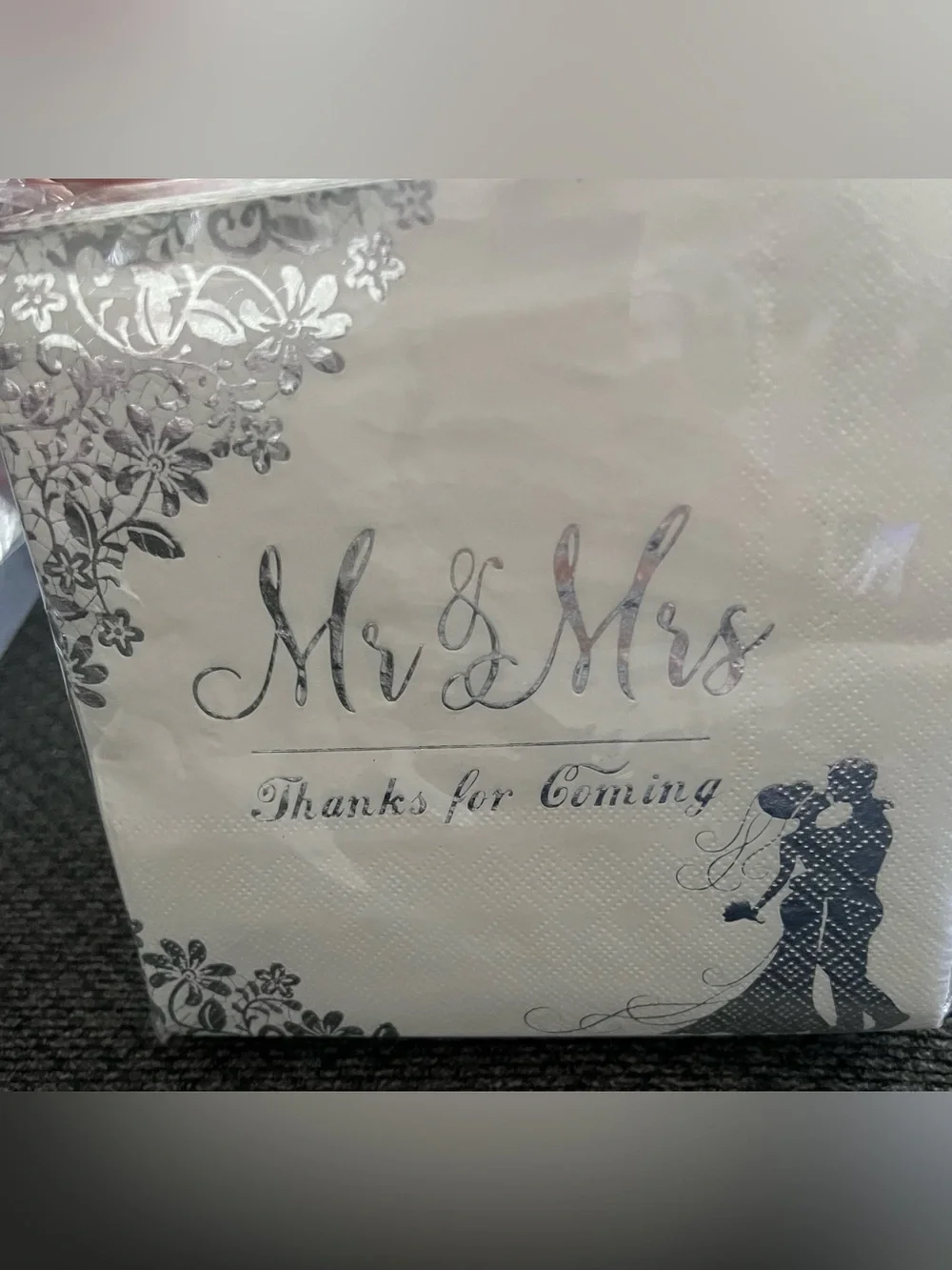 Mr & Mrs Silver Foil Wedding Napkins and Blue Floral Cocktail Napkins
